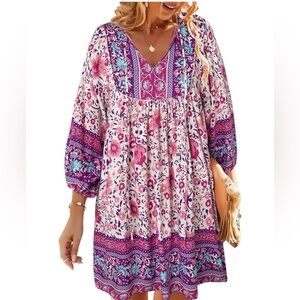 Temofon Boho Dress V-Neck Long Sleeve Printed Summer Floral Boho L Cottage Core